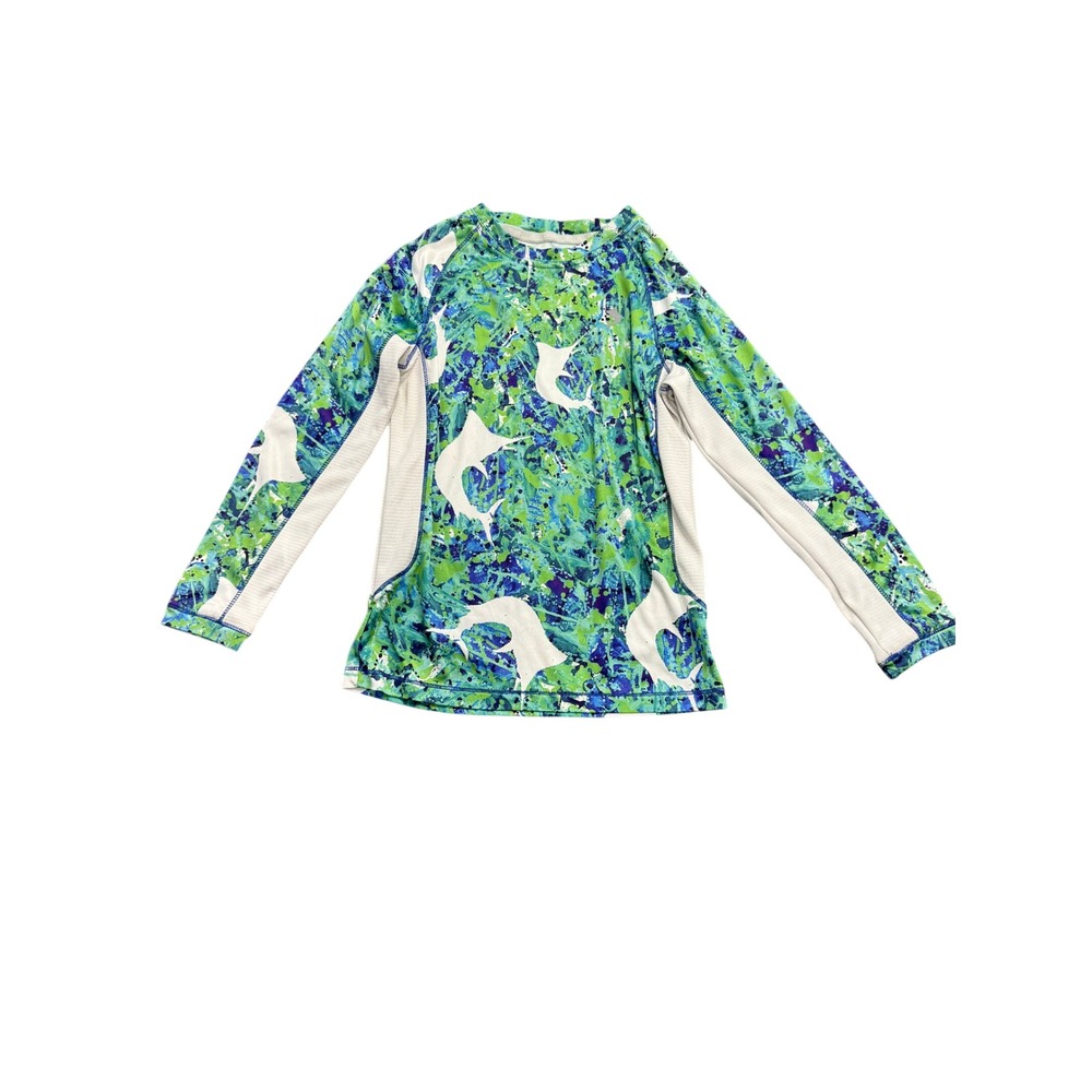 Reel Legends Boys Large Green Blue Marlin Reel-Tec Long Sleeve Performance Shirt
